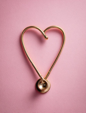 A close-up shot presents a gold stethoscope arranged in the shape of a heart, set against a soft pink backdrop. The image showcases the medical instrument with attention to its metallic texture and gentle lighting. This composition suits health, wellness, and medical-related content for diverse commercial or editorial applications.の素材