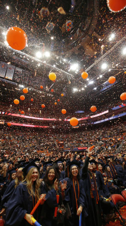 Graduates in caps and gowns celebrate a special occasion inside a large hall. Orange balloons float overhead as confetti rains down. The scene is filled with many people and activity under interior lighting. This celebratory image is suitable for various commercial uses related to education and achievement.の素材