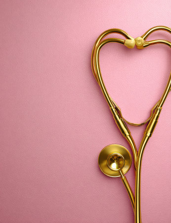 A golden stethoscope forms a heart shape, placed against a soft pink backdrop. The image features a studio-style composition with even lighting, emphasizing the instrument's form and color. This visual could be utilized for healthcare-related content, medical promotions, or themes centered around health and wellness.の素材
