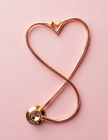 A close-up shot presents a golden stethoscope arranged in the shape of a heart, set against a soft pink backdrop. The image showcases the intricate details of the medical instrument, with warm lighting emphasizing the metal texture. It may be suitable for healthcare, wellness, and medical-themed editorial or commercial applications.の素材