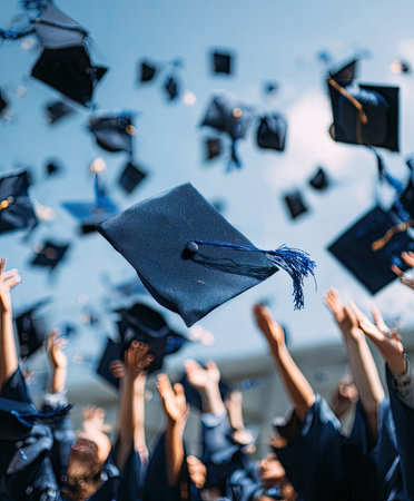 Graduation caps are launched skyward in a moment of celebration, highlighting achievement. The image features a dynamic composition, with various blue caps in mid-air. The background appears to be a bright sky, suggesting an outdoor setting. This image is suitable for educational, editorial, and celebratory purposes.の素材