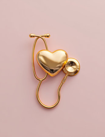 A golden heart and stethoscope are positioned against a pink backdrop. The arrangement highlights a healthcare theme with a simple, yet striking, composition. The lighting enhances the metallic surfaces, emphasizing the form and shape. This image is suitable for use in medical promotions or related informational materials.の素材
