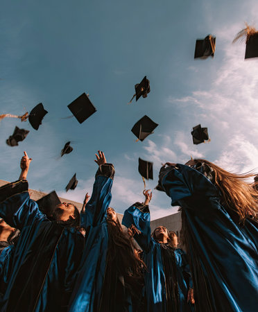 Graduates celebrate their accomplishment by tossing their caps high into the sky. Dark blue gowns and caps contrast with the soft, diffused sunlight. The composition focuses on motion with a low-angle perspective. Suitable for education-related marketing and editorial content. The moment represents achievement.の素材