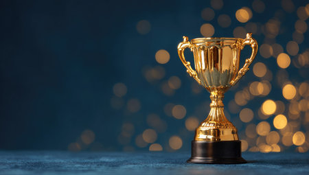A golden trophy cup stands prominently on a blue surface, against a blurred background of warm, shimmering lights. The composition highlights the cup's intricate design and polished finish. The lighting suggests an indoor setting, suitable for various editorial and commercial applications.の素材