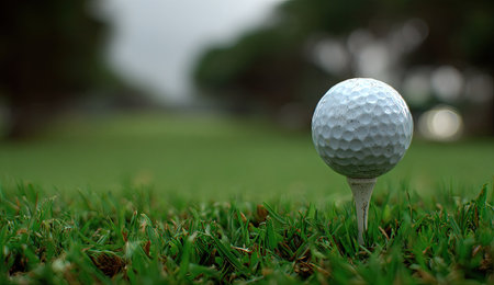 A golf ball rests on a tee, poised on a grassy field. The ball exhibits a textured surface, contrasted against the soft green of the grass and the out-of-focus background. The image has a shallow depth of field, with natural lighting enhancing the scene. It could be used in sports publications or marketing materials.の素材