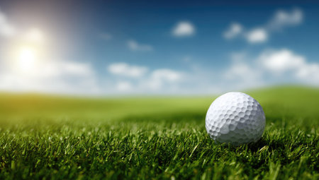 A close-up view presents a golf ball resting on vibrant green grass, set against a blurred background of a blue sky with soft white clouds. The composition features strong natural lighting from above, creating a sense of depth and focus. This image could be suitable for various commercial or sports-related projects.の素材