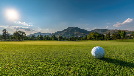A golf ball rests on lush green grass under a bright sunny sky. The image showcases a vibrant outdoor scene with rolling hills and a mountain range in the distance. The composition and lighting create a sense of spaciousness, suitable for various editorial and commercial applications.の素材
