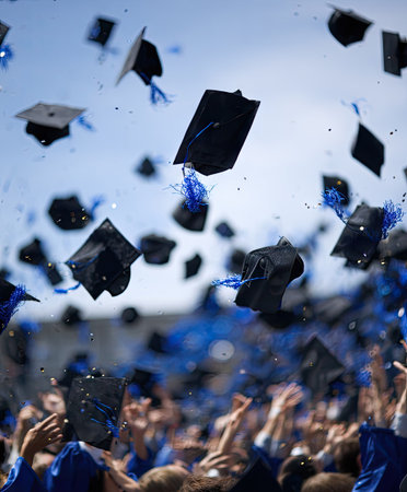 Black graduation caps are tossed up in the air by a crowd of people. The caps have blue tassels and are contrasted by the clear blue sky. The composition is dynamic with an upward angle. It could be suitable for promotional materials related to education or achievement.の素材