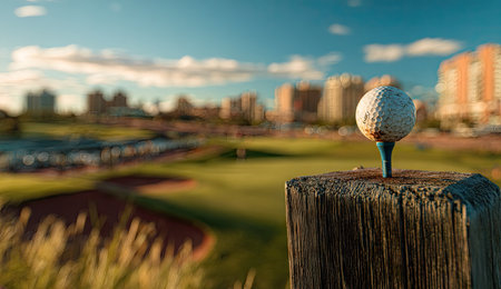 A golf ball rests on a tee atop a wooden post in a close-up shot, with a blurred golf course and buildings in the background. The scene is bathed in sunlight, highlighting the textures of the wood and the ball. The composition suggests leisure and outdoor recreation, suitable for various editorial and commercial applications.の素材