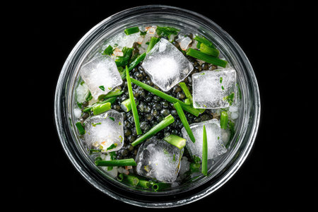 A top-down shot showcases a clear glass bowl filled with black caviar, vibrant green herbs, and clear ice cubes. The arrangement suggests freshness and culinary expertise, set against a dark, contrasting background. Suitable for illustrating upscale dining, food presentation, or culinary concepts for commercial applications.の素材