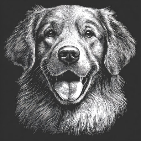 This black and white portrait depicts a Golden Retriever, showcasing detailed fur texture and expressive eyes. The dog is centered against a dark background, with a focus on its face and open mouth. Suitable for various applications, including print media and digital design projects, this image offers commercial and editorial potential.の素材
