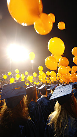 A graduation ceremony is depicted with a multitude of yellow balloons ascending into the sky. The photograph captures the backs of graduates in caps and gowns. Overhead lighting illuminates the scene, enhancing the balloons' vibrancy. This image might be suitable for editorial content or advertising campaigns related to education.の素材