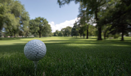 A golf ball sits poised on a tee in a grassy field. The vibrant green of the grass contrasts with the white ball and the bright blue sky above. Tall trees line the background. This image could be used for sports, recreation, or outdoor-themed projects and articles.の素材