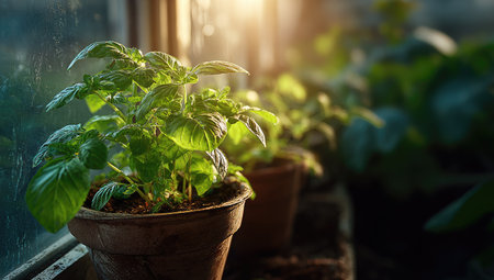 Close up view of basil plants in terracotta pots. The lush green foliage is illuminated by sunlight, creating a bright and airy composition. The plants are set near a window. These images could be suitable for articles about gardening or culinary topics.の素材