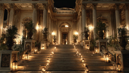 An opulent building facade is presented with a grand staircase and columns. Warm lighting illuminates the structure at night, casting shadows. The architectural style suggests history. This image is suitable for various commercial uses, including historical presentations or design projects.の素材