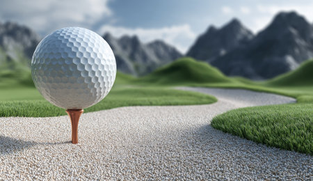 A golf ball rests on a tee, prominently displayed in a lush green outdoor environment. The image showcases a pathway and grass, set against a backdrop of rolling hills. The scene is brightly lit, suggesting a sunny day, with visual elements suitable for recreational and commercial applications.の素材