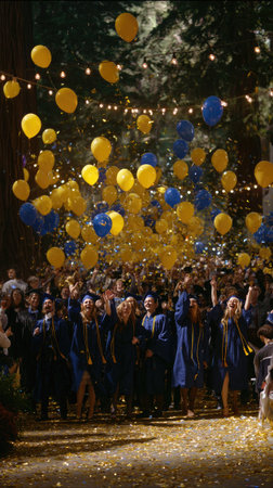 A crowd of graduates in gowns celebrates outdoors, surrounded by yellow and blue balloons floating in the air. The image features warm lighting, suggesting a festive evening. This celebratory scene could be used for editorial purposes, evoking a sense of achievement and joy. The composition is filled with motion.の素材