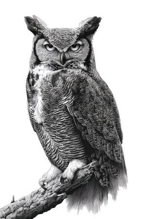 A grayscale illustration portrays a great horned owl perched on a branch. The owl's feathers exhibit intricate textures, with detailed rendering in shades of gray. The composition features a clear, isolated background, highlighting the bird's form and allowing for diverse editorial or commercial applications.の素材