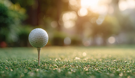 A golf ball rests on a tee, poised for a shot, showcasing a detailed surface. The scene is bathed in warm sunlight, creating a bright and inviting ambiance. The shallow depth of field keeps the ball in focus, while the background blurs, suggesting an outdoor setting suitable for various commercial uses.の素材