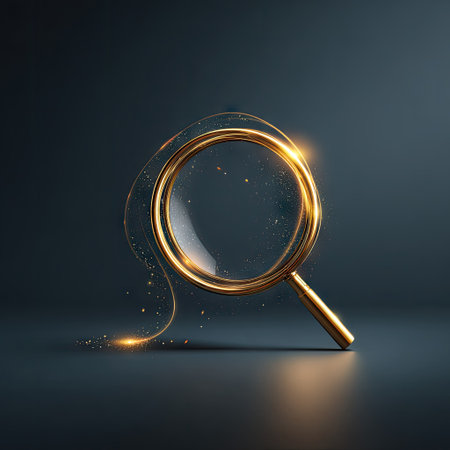 A close-up illustration displays a golden magnifying glass on a dark backdrop. The design utilizes soft lighting and a blurred bokeh effect, highlighting the glass with a glowing line. It suggests the ideas of finding and inspecting. This imagery is suitable for various editorial and commercial applications.の素材