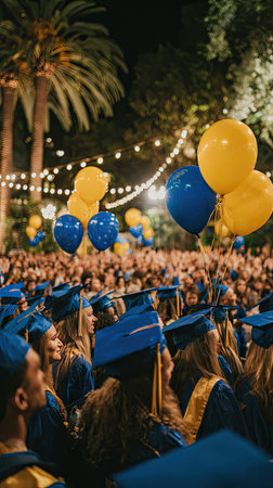 An evening scene captures a graduation celebration with numerous graduates wearing blue gowns and caps. Yellow and blue balloons float above the crowd. The warm lighting from string lights and the natural tones create an atmosphere of festivity. Suitable for illustrating education, achievement, or celebratory events.の素材