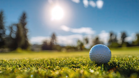 A golf ball rests on a green, grassy surface under bright sunlight. The image features a shallow depth of field, blurring the background. The scene suggests an outdoor setting, possibly a golf course. This image could be suitable for various commercial uses, including sports-related content and advertising materials.の素材