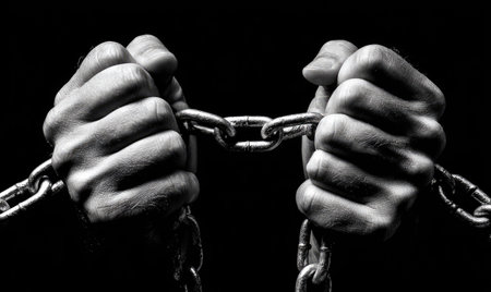 Two hands grasp and break a metal chain against a stark black background. The grayscale image highlights texture and form with strong contrast. The composition centers on the hands and chain, suggesting struggle and liberation. Suitable for themes related to overcoming obstacles or conveying concepts of freedom and empowerment.の素材
