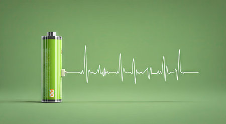 A green battery, rendered with a white graphic of a heartbeat, stands against a matching green backdrop. The image utilizes digital illustration with smooth gradients. The composition suggests energy, power, and charging. Suitable for illustrating concepts related to technology, health, or sustainability. It can be used for various commercial or editorial applications.の素材