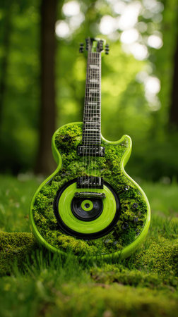 An electric guitar, integrated with natural textures, is set against a blurred background of greenery. The instrument displays shades of green, with details of wood and plant life. The composition is likely captured outdoors, bathed in soft lighting. This image could be suitable for creative projects and editorial content.の素材