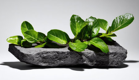A close-up captures a plant featuring vivid green leaves emerging from a rough-textured, gray stone. The arrangement presents a sense of natural contrast against a neutral background. This image showcases organic forms and may be suitable for illustrating concepts of growth, nature, or environmental themes in various commercial applications.の素材