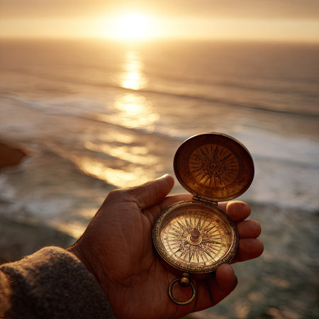 An open antique compass is held in a person's hand, positioned against a backdrop of a blurred ocean horizon and a setting sun. The image showcases warm, golden tones, suggesting a time of day near sunset. This visual can be suitable for various editorial and commercial applications.の素材