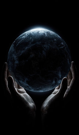 Two hands gently hold a luminous sphere against a dark backdrop. The composition features high contrast with dramatic lighting, highlighting textures and form. This conceptual image may represent protection, creation, or technology. Suitable for various editorial and commercial applications.の素材