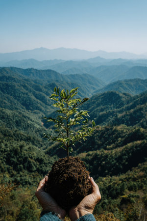 Two hands cradle a young seedling, showcasing its vibrant green leaves and dark soil. The image features an expansive vista of rolling green hills under a bright, clear blue sky. This photograph is rich in natural textures and suggests concepts related to growth, environment, and conservation, suitable for various editorial and commercial applications.の素材