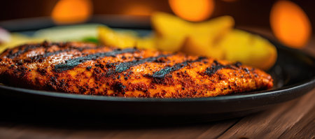 A close-up view presents grilled chicken breast and roasted potatoes on a black plate. The food displays warm orange hues with dark grill marks. The shallow depth of field creates a sense of intimacy. Ideal for culinary themes, restaurant advertising, or food-related editorial content.の素材