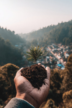 A hand holds soil with a small sapling, presented against a blurred background of lush hills and a small settlement. The image features a shallow depth of field, with soft natural lighting and earthy tones. This photograph could be used for various commercial or editorial purposes related to environmental themes.の素材