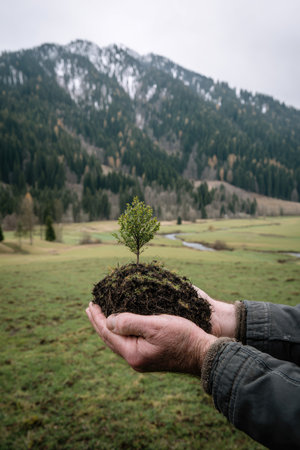 A close-up captures hands cradling a small tree with soil. The tree and earth contrast against a green field and a mountain backdrop. Soft, natural lighting creates shadows and depth. Suitable for visual concepts emphasizing sustainability, growth, and environmental responsibility, the image may have editorial or commercial applications.の素材