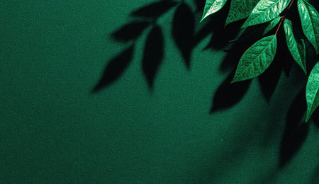 Close-up shot features vivid green leaves with their shadows cast on a dark, textured surface. The composition creates contrast with highlights and depth. Ideal for design projects, the image has a modern aesthetic for use in commercial or editorial contexts and projects focused on nature.の素材