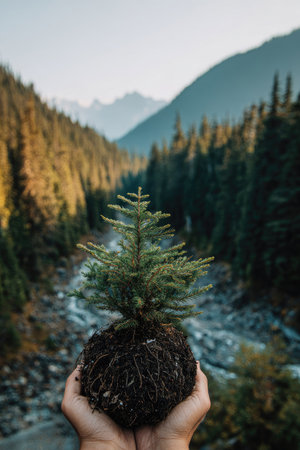 Two hands cradle a young tree with visible roots and soil. The image features a verdant foreground and a blurred river with lush mountains in the background. Natural light bathes the scene, highlighting the textures of the soil, leaves, and rocks. Suitable for illustrating themes of growth, conservation, or environmentalism.の素材