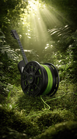 A guitar leans against a large black spool filled with vibrant green wire in a verdant forest. The scene is illuminated by striking sunbeams filtering through the foliage. This image offers visual interest suitable for creative projects, presentations, and various commercial applications.の素材