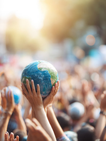 The image captures hands holding a globe, set against a blurred background of a crowd. The color palette includes blues, greens, and yellows, with soft lighting suggesting an outdoor environment. This composition could be used to represent concepts like conservation, environmentalism, and global awareness. Ideal for various commercial and editorial applications.の素材