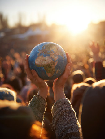 A pair of hands cradles a globe, set against a blurred background with warm sunlight. The image features a shallow depth of field, with soft focus on the globe. The scene suggests a symbolic representation suitable for themes related to global awareness or environmental concerns, with potential commercial applications.の素材