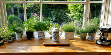 A collection of potted green plants and a coffee machine sit on a wooden countertop in front of a window. The scene features natural light and shadows, suggesting a bright day. The image has potential uses for editorial content about home gardening or kitchen design.の素材