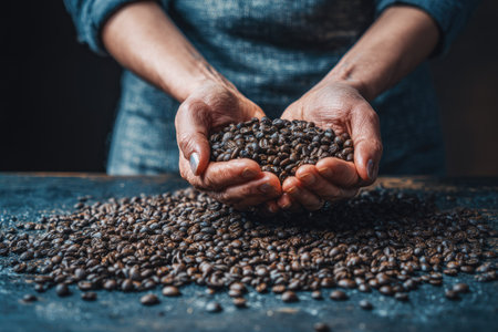 Two hands cradle a generous amount of roasted coffee beans. The image showcases a close-up perspective with a dark, textured surface beneath. Warm, natural lighting enhances the richness of the beans' colors. Suitable for illustrating various concepts such as food, beverages, or culinary practices. Could be used for commercial or editorial content.の素材