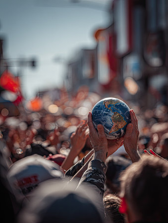 A pair of hands cradles a globe above a blurred crowd in an outdoor setting. The image features a shallow depth of field, with the focus on the globe and hands. The scene presents a sunny day, suggesting a lively atmosphere and potential use in themes related to global issues or environmental concerns.の素材