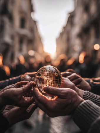 Several hands cradle a transparent globe with a grid pattern, illuminated by bright sunlight. The composition emphasizes a feeling of unity and global connection. The image utilizes warm tones and soft focus, with a blurred backdrop hinting at an urban environment. Suitable for representing concepts like teamwork and international collaboration in various contexts.の素材