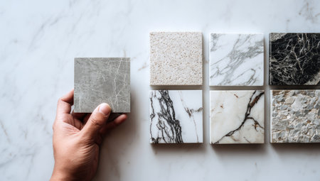 A hand holds a square tile beside others exhibiting different textures and patterns. The image displays a high-angle composition on a marble surface. Various tiles showcase veining, speckling, and contrasting colors. This scene is suitable for illustrating design choices and material selections within the context of architectural or interior design projects.の素材