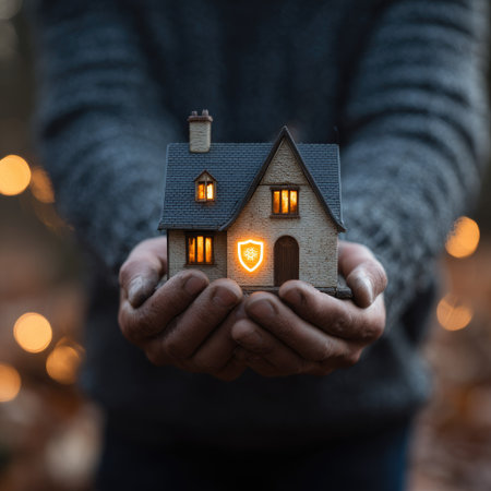 A person's hands cradle a small model house featuring a glowing shield. The scene showcases soft lighting and warm tones suggesting a sense of security and protection. This image could be used for various projects emphasizing safety, homeownership, or insurance concepts, suitable for editorial and commercial applications.の素材