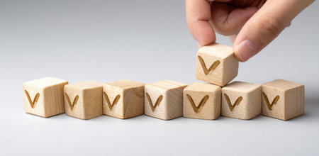 A hand carefully places a wooden cube marked with a checkmark on a line of identical cubes. The image shows natural-toned cubes on a neutral background. The lighting is soft. This could be used for illustrating concepts such as choice, agreement, or decision-making processes, suitable for commercial or editorial applications.の素材