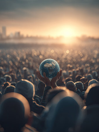 A close-up view shows hands cradling a globe, positioned above a densely packed crowd silhouetted against a radiant sunset. The image employs soft lighting and a shallow depth of field, emphasizing the globe. This visual may be suitable for illustrating concepts of global unity, environmental awareness, or societal themes in various commercial applications.の素材