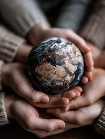This image presents hands gently cradling a miniature globe, displaying continents and oceans. Warm tones dominate the scene, highlighting the textures of the sphere and hands. The composition focuses on a central subject with a shallow depth of field, emphasizing the core elements. This image could be used for conceptual projects, ecological themes, or global awareness campaigns.の素材